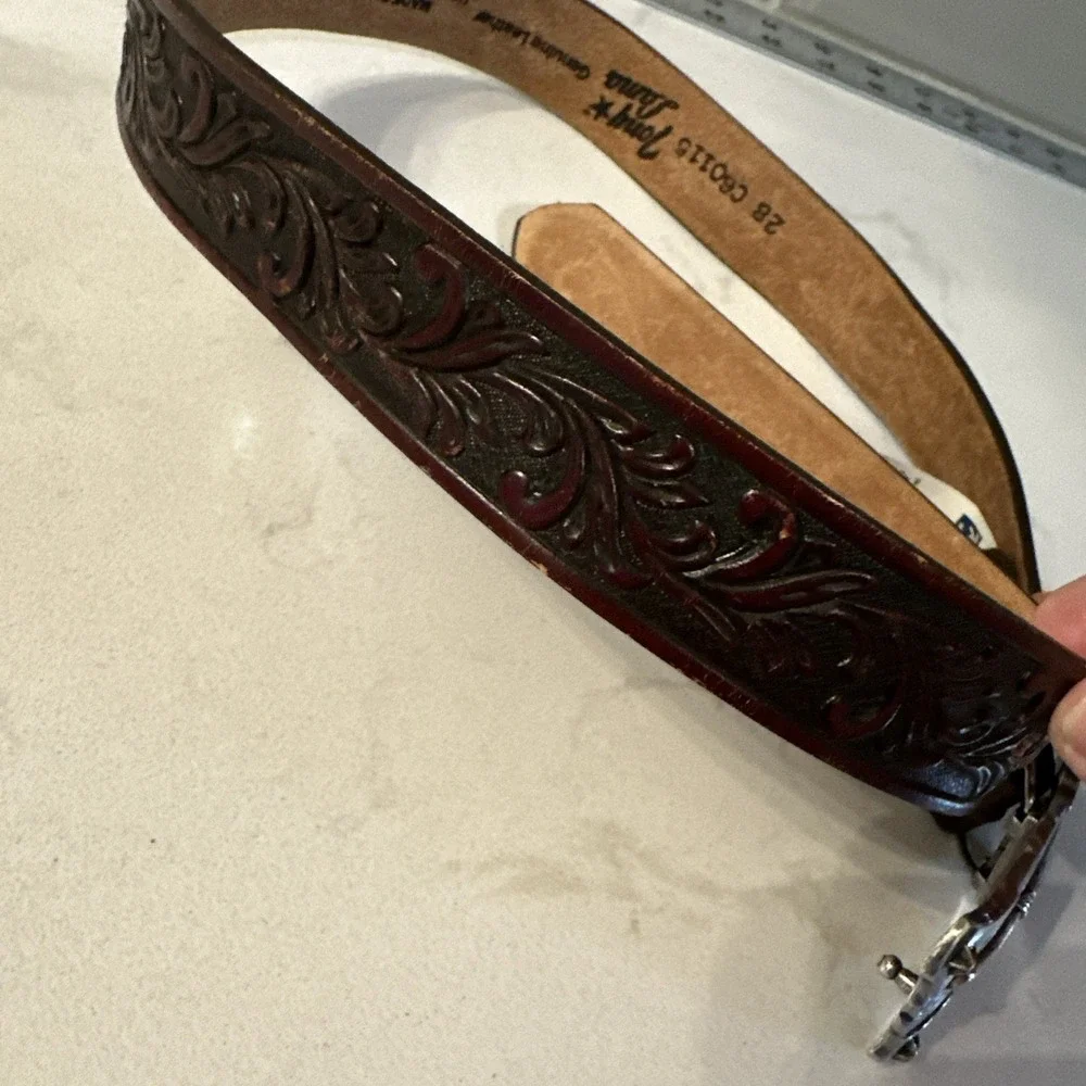 TONY LAMA KID'S LEATHER FLORAL AND LONG HORN BELT NWT Size 28 Brown
